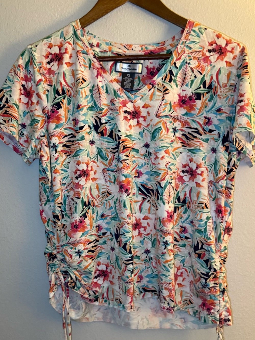 Floral V-Neck Short Sleeve Top with Side Drawstrings - White Multi